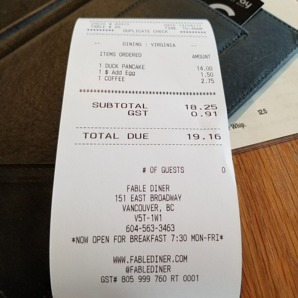 Fable Diner - The bill - Diners Near Me - Vancouver, British Columbia Fable Diner - The bill - Diners Near Me - Vancouver, British Columbia