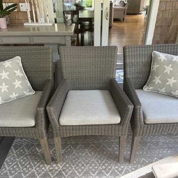 Cape Cod Upholstery Shop - Woven Dining chair cushions with Sunbrella Kudos. Cushions fabricated by Joe Gramm of Cape Cod Upholstery Shop | South Dennis, MA 02660 - Furniture Reupholstery Near Me - South Dennis, Massachusetts
