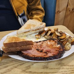 Elroy Eatery - Tender Ham Steak, Two Eggs, American Frys. Bread