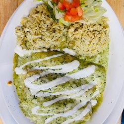 The 1838 Grill - Cilantro Chicken Enchiladas with rice