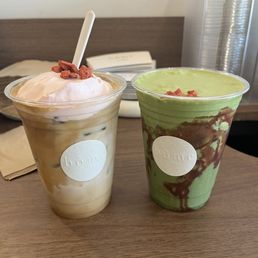 double strawberry matcha and bome latte