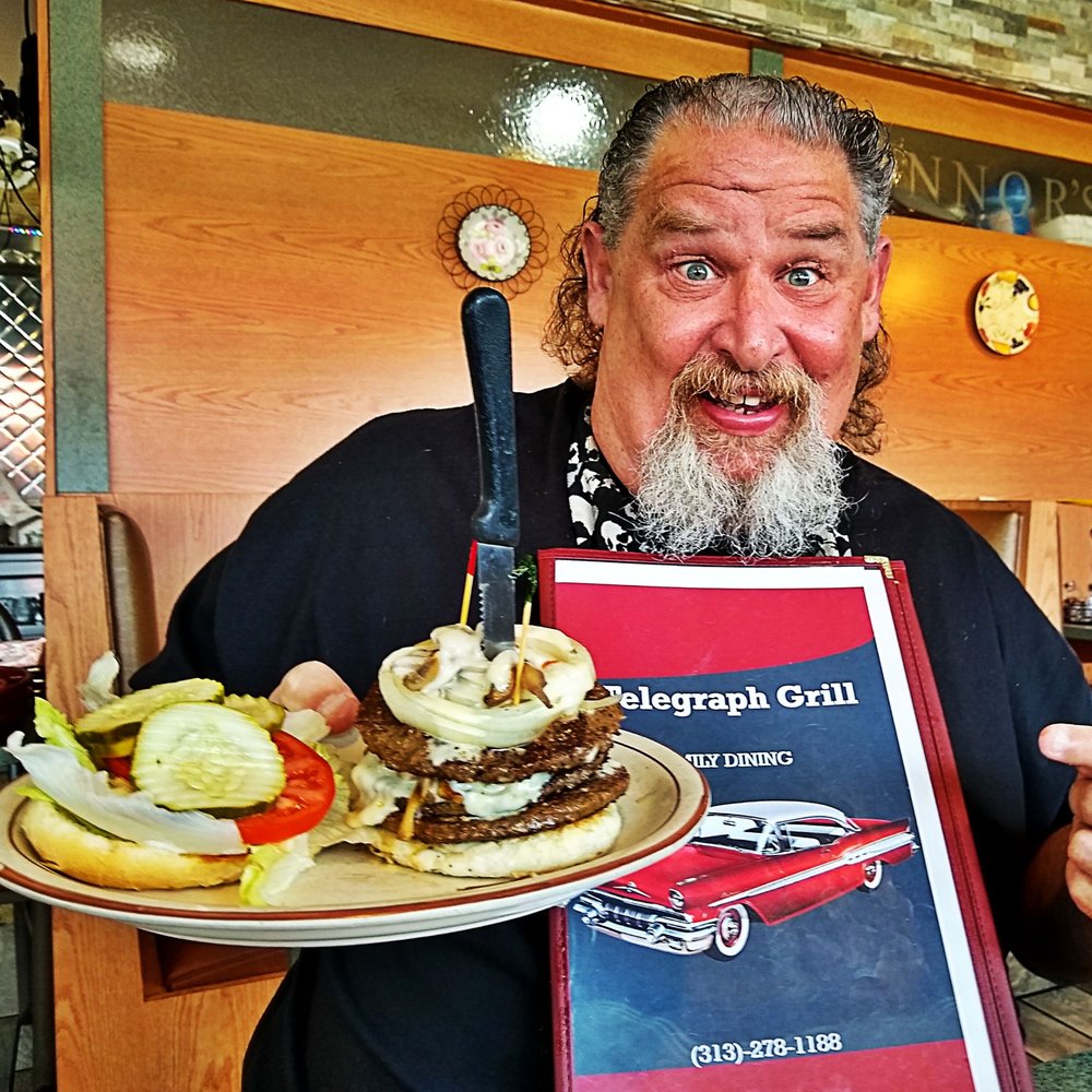 Telegraph Grill - The Hungry Man full pound of Burger, Grilled Onions n Mushrooms WOW fantastic Delicious - New American Near Me - Dearborn Heights, Michigan Telegraph Grill - The Hungry Man full pound of Burger, Grilled Onions n Mushrooms WOW fantastic Delicious - New American Near Me - Dearborn Heights, Michigan