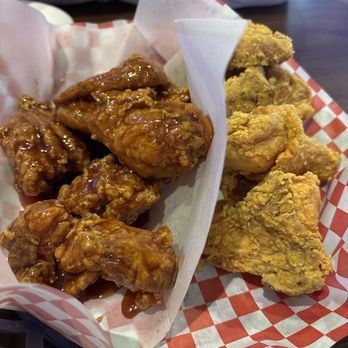 Kpop Rice Flour Chicken - Half and half chicken, left is sweet and spicy, right is original. - Korean Near Me - Anaheim, California