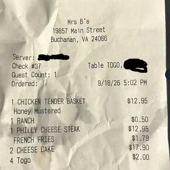 Mrs.B’s Restaurant and Bar - Receipt - American Near Me - Buchanan, Virginia