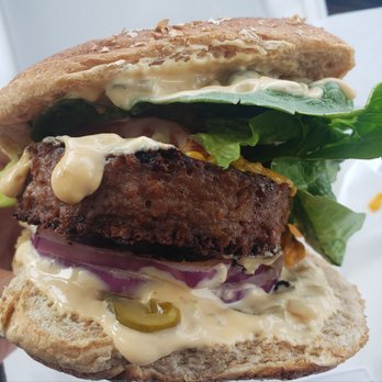 Get Fresh Cafe - The Marcus Vegan Burger with added FYH cheddar. Their housemade sauce is terrific. - Sandwiches Near Me - Lancaster, California