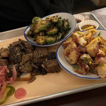 Babygold Barbecue - Chopped Brisket PLATTER (Brussels and Sd Cajun Smashers) - Barbeque Near Me - Berwyn, Illinois