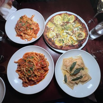 Rinata - BUCATINI ALL'AMATRICIANA, PAPPARDELLE, VERDURA pizza, and Ravioli - Italian Near Me - Minneapolis, Minnesota