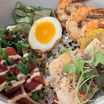 Fond - Seafood Tsunami: grilled shrimp, fish of the day, poke, and egg over rice, - Asian Fusion Near Me - Lahaina, Hawaii