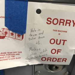 Brooklyn Park Laundries - An "Out of Order" card blaming customers for the machine not working properly, as mentioned in my review.