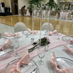 American Legion - I provided the chiffon runner, charger plates, napkins, glasses, custom menu, acrylic stand with fresh florals. DecorbyDuBois