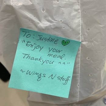 Wings N Stuff - The awesome note they attached to the bag. - Chicken Wings Near Me - Los Angeles, California Wings N Stuff - The awesome note they attached to the bag. - Chicken Wings Near Me - Los Angeles, California