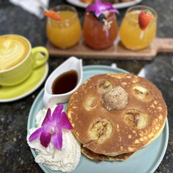 Tata's Cafe - Mimosa flight, Golden Milk Latte, and Banana Pancakes with Pecan Maple Butter - Breakfast & Brunch Near Me - Hawthorne, California