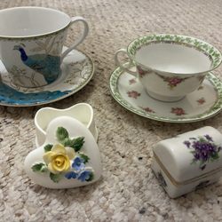 UCLA Thrift Shop - Heart-shaped trinket made of bone china, green and pink tea cup made in Austria.
