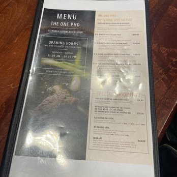 The One Pho - Front menu of specials - Vietnamese Near Me - Austin, Texas