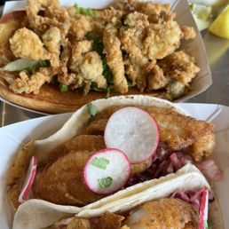 Fish tacos and clam roll