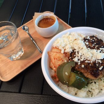 9Bar HNL - Aloha Bowl: poached eggs, hamburger, picked cucumber and kim chee. Espresso and still water to accompany. - Coffee & Tea Near Me - Honolulu, Hawaii