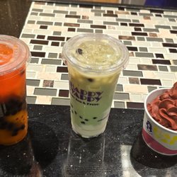 Happy Yappy Bubble Tea & Froyo Ice-Cream - Watermelon slushy Boba, motcha tea Boba and chocolate red velvet froyo
