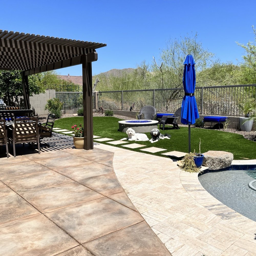 Sonoran Landscape Design - Fire pit, treated concrete, artificial turf - Landscaping Near Me - Mesa, Arizona Sonoran Landscape Design - Fire pit, treated concrete, artificial turf - Landscaping Near Me - Mesa, Arizona