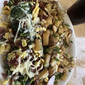 Gravy - Scramble with Swiss, spinach and LOTS of bacon with the house potatoes - American Near Me - Portland, Oregon Gravy - Scramble with Swiss, spinach and LOTS of bacon with the house potatoes - American Near Me - Portland, Oregon