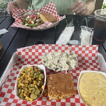 Hubba Hubba Smokehouse - Goat cheese/arugula salad & veggie plate with pimento cheese grits, succotash, apple slaw, and cornbread. All fantastic!! - Barbeque Near Me - Flat Rock, North Carolina Hubba Hubba Smokehouse - Goat cheese/arugula salad & veggie plate with pimento cheese grits, succotash, apple slaw, and cornbread. All fantastic!! - Barbeque Near Me - Flat Rock, North Carolina