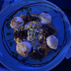 Stones Throw - Seared scallops with sweet potato puree, creamed corn and bacon jam