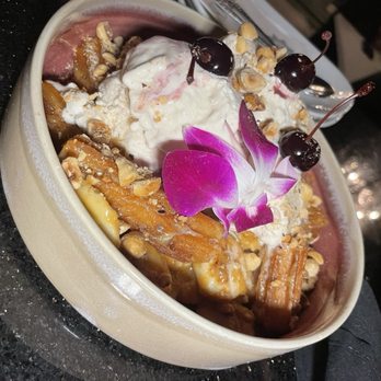 DIOSA - $40 churro w/ horchata ice cream, peanuts, cherries, banana, caramel dulce de leche - New Mexican Cuisine Near Me - Downey, California DIOSA - $40 churro w/ horchata ice cream, peanuts, cherries, banana, caramel dulce de leche - New Mexican Cuisine Near Me - Downey, California