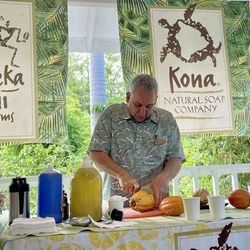 Kona Natural Soap Company - They serve Kona coffee grown on the farm, and cut open a cocoa pod for display