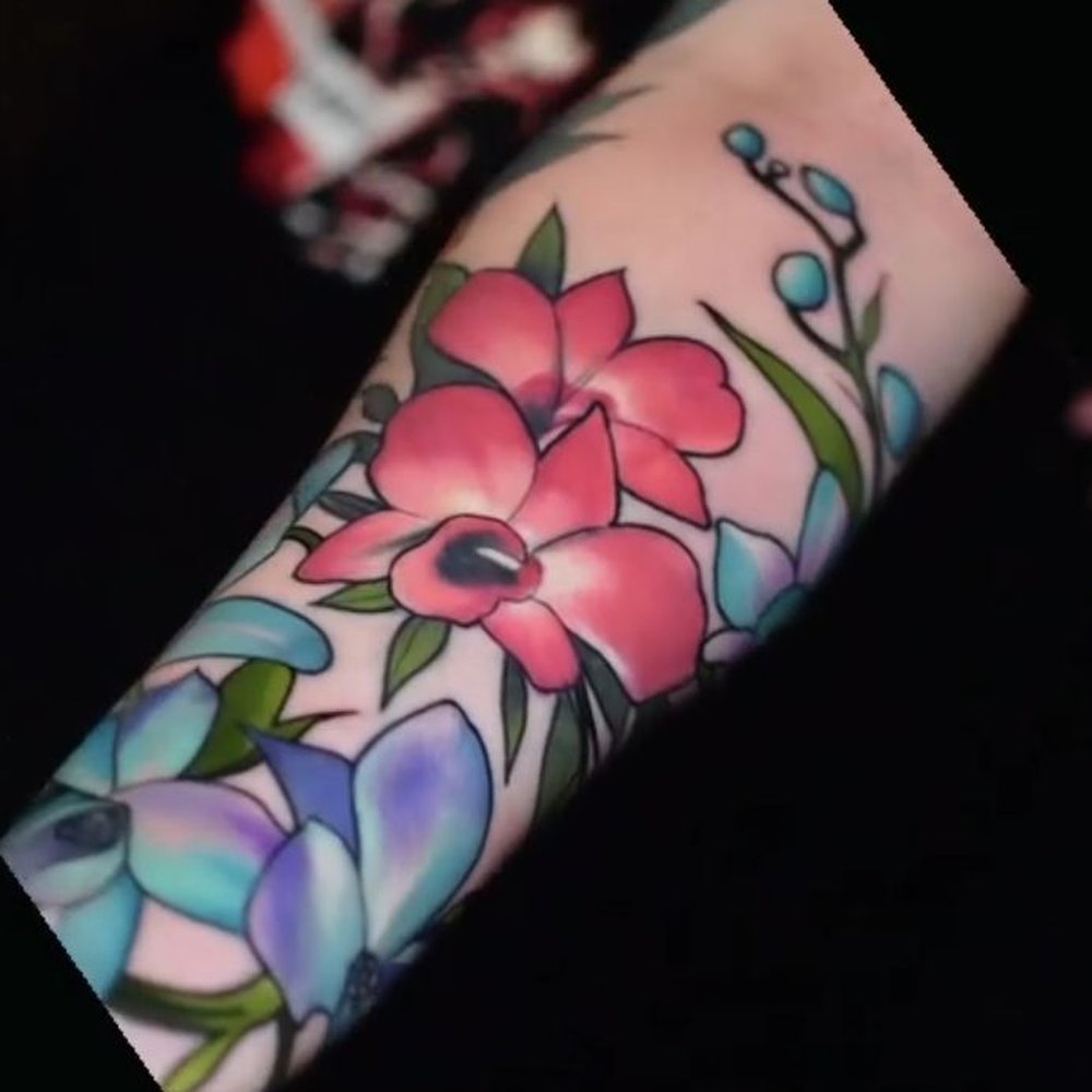 Dark Heritage Tattoo Gallery - Half sleeve of orchids (reworked) and poppies (added onto sleeve) by Karina PC: Karina - Tattoo Near Me - Anaheim, California Dark Heritage Tattoo Gallery - Half sleeve of orchids (reworked) and poppies (added onto sleeve) by Karina PC: Karina - Tattoo Near Me - Anaheim, California