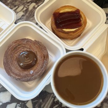 Birdee - Churro croissant, Romeo and Juliet danish (guava and cheese) hot coffee with almond milk - Bakeries Near Me - Brooklyn, New York
