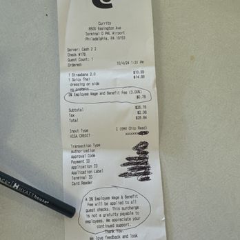 Currito - Receipt showing hidden fee after the transaction. Unacceptable practice. - Mexican Near Me - Philadelphia, Pennsylvania