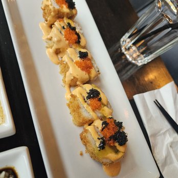 Sho Sushi Bar & Kitchen - Tiger Eye Roll (Deep Fried Roll) Smoked Salmon, Cream Cheese, Bread Crumbs with Wasabi Sauce & Spicy Masago - Japanese Near Me - Calgary, Alberta Sho Sushi Bar & Kitchen - Tiger Eye Roll (Deep Fried Roll) Smoked Salmon, Cream Cheese, Bread Crumbs with Wasabi Sauce & Spicy Masago - Japanese Near Me - Calgary, Alberta