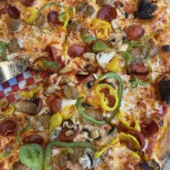 Pizza Social - I subbed the red onion for banana peppers on this works pizza. - Pizza Near Me - Anna Maria, Florida Pizza Social - I subbed the red onion for banana peppers on this works pizza. - Pizza Near Me - Anna Maria, Florida