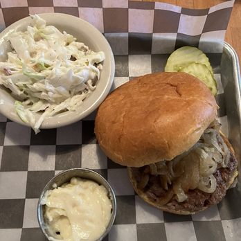 My Sister's Place - Bison burger with grilled onions and mayo along with cole slaw. - American Near Me - Grand Marais, Minnesota My Sister's Place - Bison burger with grilled onions and mayo along with cole slaw. - American Near Me - Grand Marais, Minnesota
