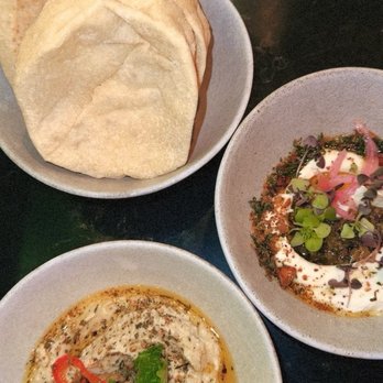 Evo - Left: baba ghanosh + right: skordalia - Tapas/Small Plates Near Me - Portland, Maine