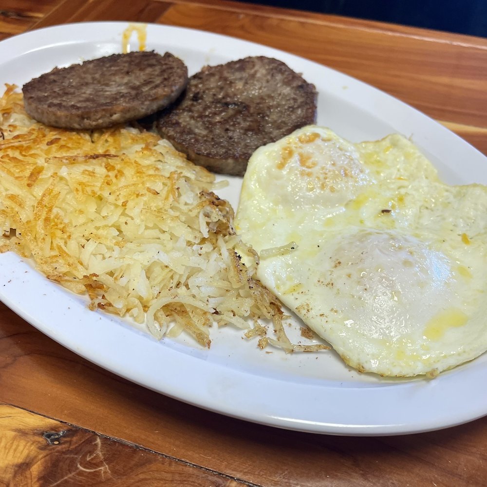 Two eggs, sausage and hash browns