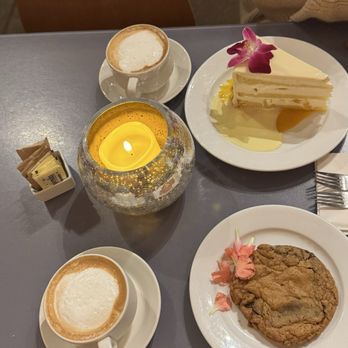 Extraordinary Desserts - Cappuccino, Princess Kaiulani cake slice, crispy chocolate chip cookie - Bakeries Near Me - San Diego, California