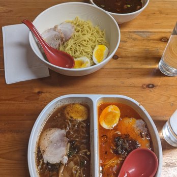 Hanabi Ramen - Half and half ramen ($13) with black garlic tonkotsu and spicy tonkotsu. (Across the table is the tsukemen) - Ramen Near Me - Carrollton, Texas Hanabi Ramen - Half and half ramen ($13) with black garlic tonkotsu and spicy tonkotsu. (Across the table is the tsukemen) - Ramen Near Me - Carrollton, Texas