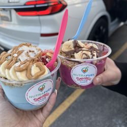 NutraFuel Smoothie Bar - The blue "waymaker" with spirulina and added peanut butter. Pink "I'll fly away" made with pitaya and added Nutella. 100% amazing! A+++