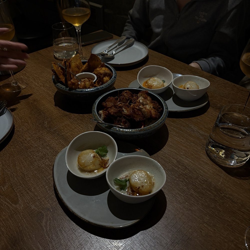 Prik Hom - Fried Chicken Hat Yai (middle) + Scallops with Lemongrass (top & bottom) - Thai Near Me - San Francisco, California Prik Hom - Fried Chicken Hat Yai (middle) + Scallops with Lemongrass (top & bottom) - Thai Near Me - San Francisco, California