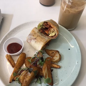 Bluestone Lane DUMBO Café - BL Burrito (D) and Iced Latte - Coffee & Tea Near Me - Brooklyn, New York