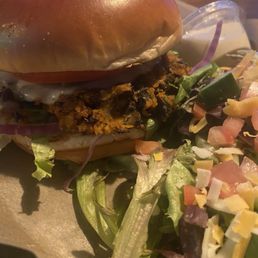 Black bean burger and side salad Black bean burger and side salad