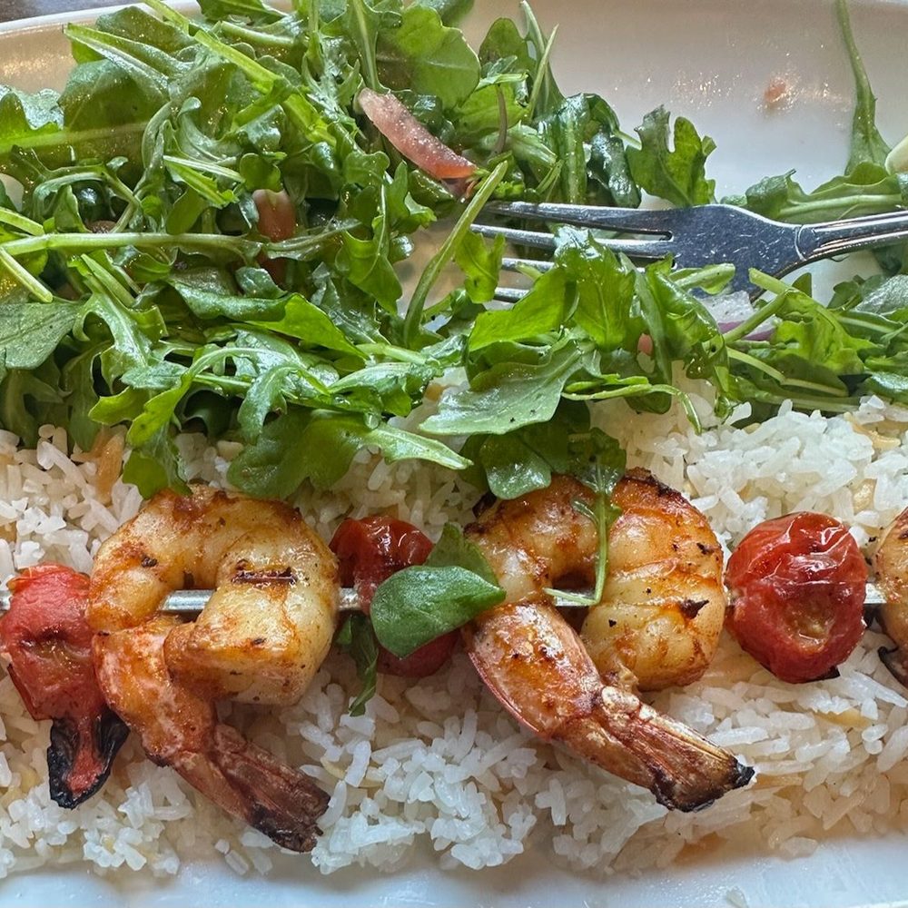 Bursa - Shrimp kebab plate with rice and arugula salad. - Middle Eastern Near Me - San Francisco, California