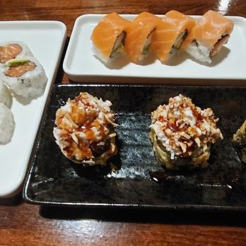 Japan House - Salmon Avocado roll, top is Alaskan Roll, and on the black plate - I-20 roll. - Japanese Near Me - Fort Worth, Texas