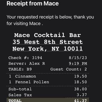 Mace - Receipt - Cocktail Bars Near Me - New York, New York