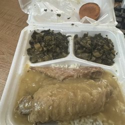 Mr J's Q - Baked Turkey gravy and rice with double turnip greens.