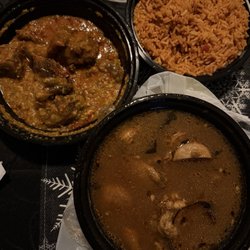 Okra goat, jollof rice no protein added, cow leg pepper soup (fufu not pictured)