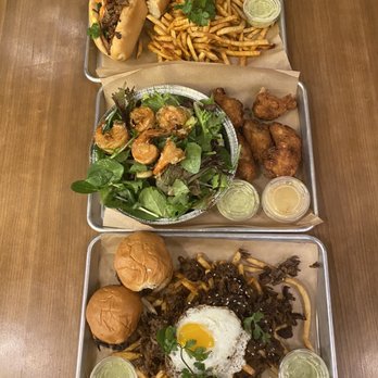 Nguyen's Kitchen - Pork sandwich w/Cajun fries, shrimp salad w/ wings and bulgogi fries w/ egg and sliders....all of it was pretty tasty. - Asian Fusion Near Me - Carson, California Nguyen's Kitchen - Pork sandwich w/Cajun fries, shrimp salad w/ wings and bulgogi fries w/ egg and sliders....all of it was pretty tasty. - Asian Fusion Near Me - Carson, California