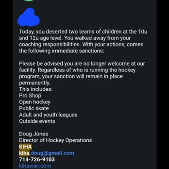 Kapolei Inline Hockey Arenas - A volunteer getting a life time ban for not attending a game. A VOLUNTEER who was given no "responsibilities" or "job" title. - Skating Rinks Near Me - Kapolei, Hawaii