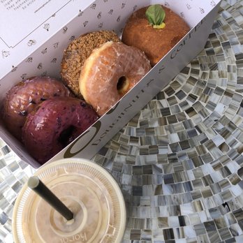 Sidecar Doughnuts & Coffee - Huckleberry, Saigon Cinnamon Crumb,  Butter and Salt, Basil Eggs Benedict, Ice Latte - Donuts Near Me - Costa Mesa, California