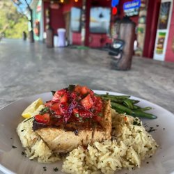 Mahi Mahi served topped with Strawberry Salsa served at the Waterfront Tiki Bar